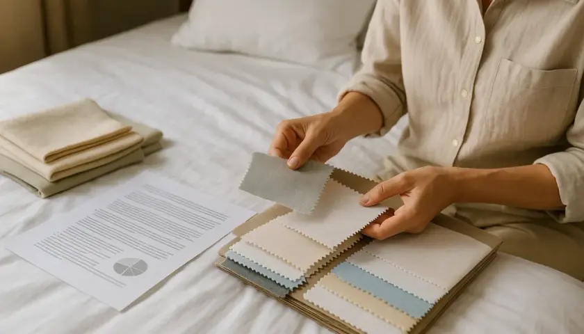 Manos revisan muestras de tela, incluyendo opciones de poliéster reciclado, junto a documentos y textiles doblados sobre una cama.