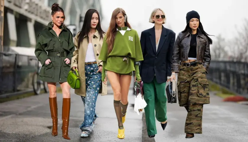 Cinco mujeres muestran cómo combinar el color verde: con botas, bolso, sudadera, pantalones y chaqueta.