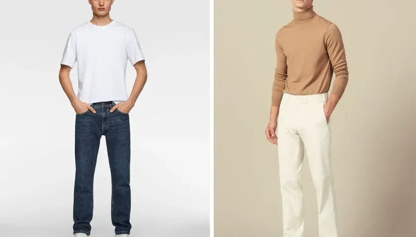 Dos hombres modelan ropa. El de la izquierda lleva vaqueros de corte recto (straight fit significado) y camiseta blanca. El de la derecha, pantalones blancos y jersey de cuello alto.