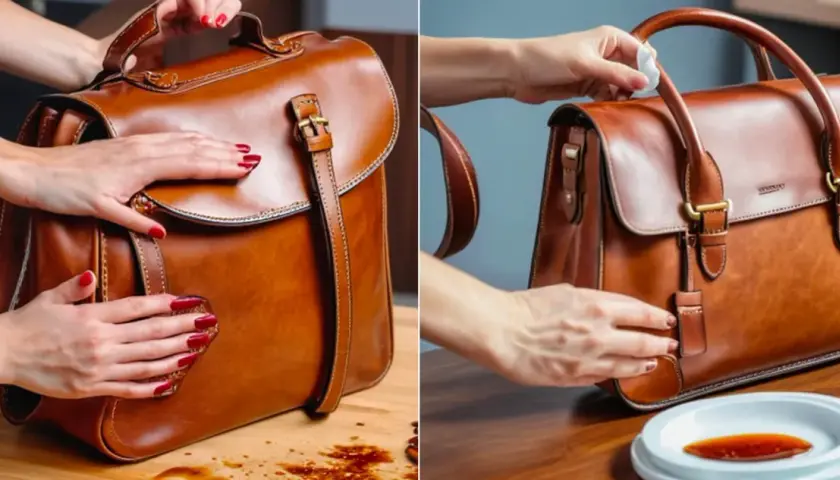 Manos limpiando un bolso de cuero marrón con un paño. Aprende como limpiar cuero marrón para mantenerlo como nuevo.