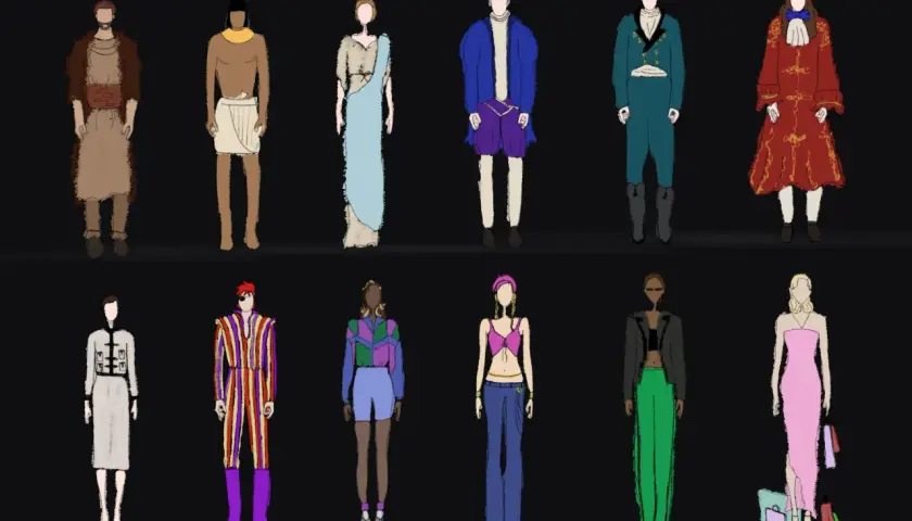Un viaje visual por la historia de la moda: desde atuendos antiguos hasta estilos modernos, cada figura representa una época.