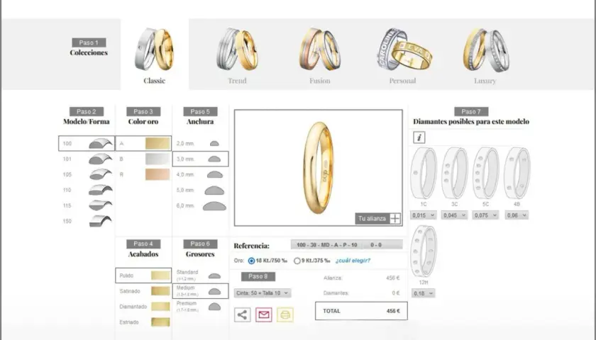 Configurador de tipos de alianzas de boda: elige modelo, oro, anchura, acabado, grosor y diamantes para tu alianza.