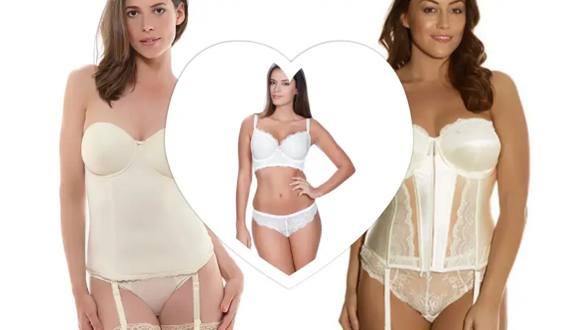 Tres mujeres en lencería, dos corsés y un conjunto de sujetador y braguita, perfectos para las picardías de novia.