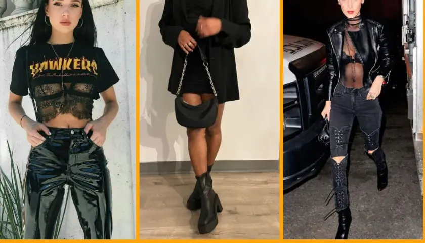 Tres ideas de outfit para concierto de noche mujer: look vinilo, vestido negro con blazer y jeans rotos con cuero.