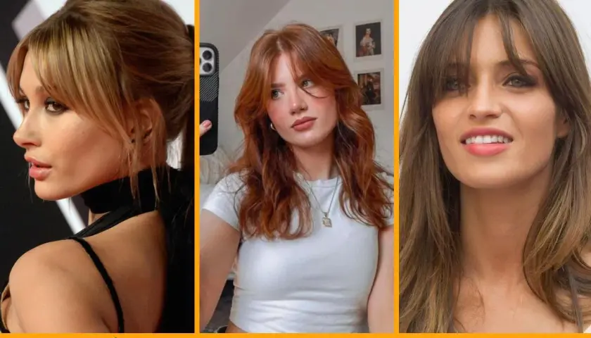 Tres mujeres lucen estilos de cabello con flequillo cortina, un corte moderno que enmarca el rostro.
