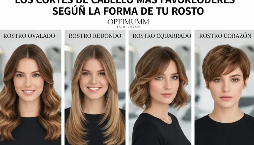 Cuatro mujeres muestran cortes de pelo ideales para diferentes formas de rostro: ovalado, redondo, cuadrado y corazón.