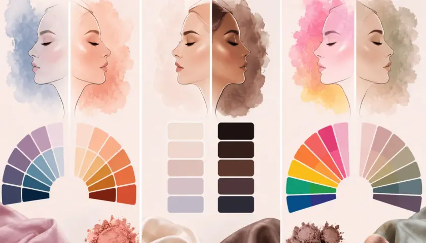 Paletas de colores para maquillaje, con rostros y telas. Incluye tonos fríos, cálidos y neutros, con un toque de color lila en una de las muestras.