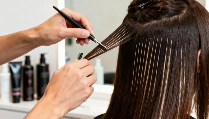 Manos expertas aplican mechas babylight con precisión, creando un efecto natural y luminoso en el cabello castaño.