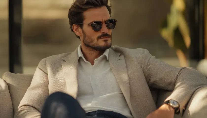Hombre con estilo preppy, viste chaqueta beige, camisa clara y gafas de sol oscuras, relajado en un sofá.