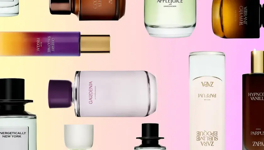 Variedad de perfumes Zara, incluyendo equivalencias y fragancias populares como Gardenia y Applejuice, en un collage vibrante.