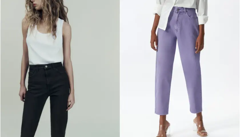 Vaqueros mom fit: favorecen a todas, realzan la figura. Dos estilos, uno negro y otro lila, para looks modernos.