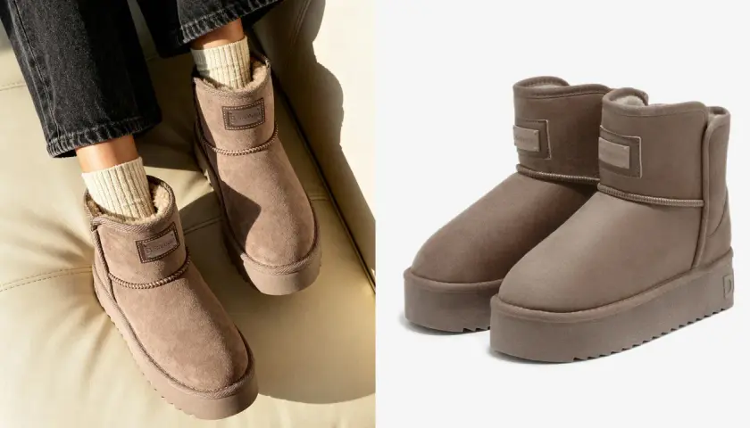 Dos tipos de botines marrones, uno puesto con calcetines de lana y otro en primer plano.