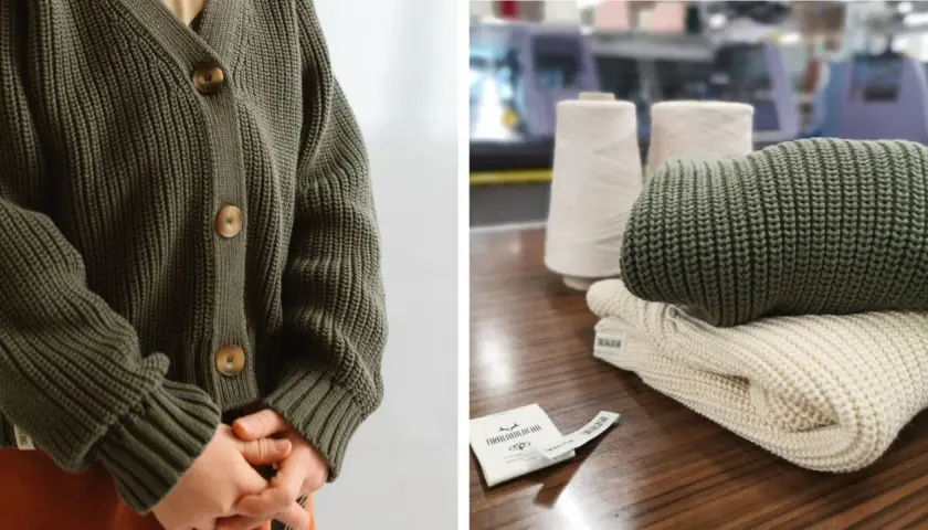 Primer plano de un cárdigan verde tejido y ovillos de hilo, mostrando diferentes tipos de fibras textiles.