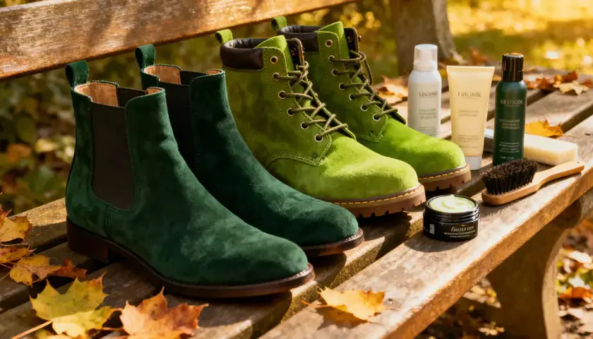 Botas de ante verde y verde lima, junto a productos para **hidratar botas de piel** y un cepillo, sobre un banco de madera con hojas de otoño.