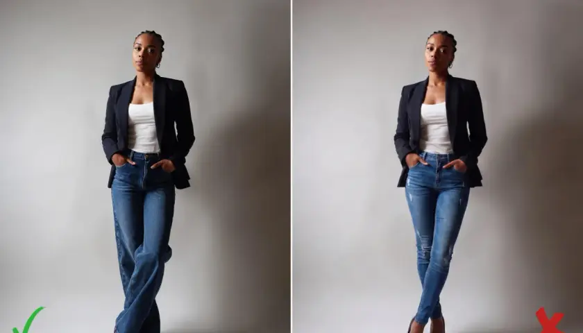 Mujer con cuerpo de pera, con blazer y jeans. Izquierda: pantalón ancho, cruzado de piernas, visto bueno. Derecha: pitillo, cruzado de piernas, visto malo.