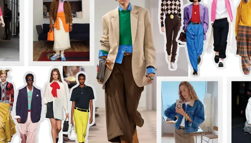 Modelos con looks preppy y elegantes, desde trajes de chaqueta hasta conjuntos casuales con estampados.