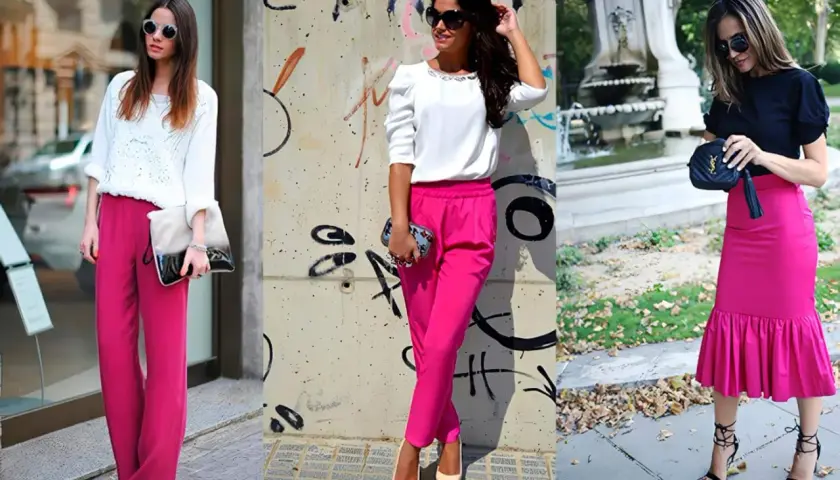 Tres mujeres lucen atuendos vibrantes con pantalones y faldas fucsias, demostrando los colores que combinan con fucsia.