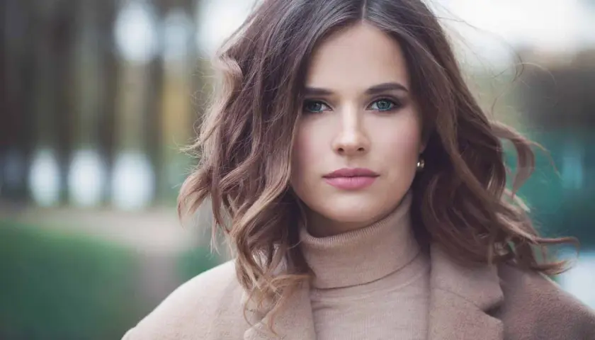 Mujer con una elegante media melena ondulada, ojos verdes y labios rosados, vestida con un abrigo beige.