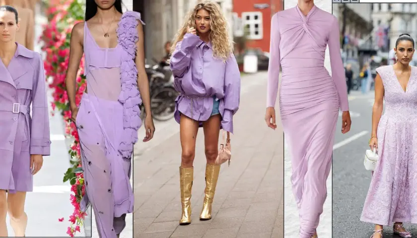 Modelos lucen elegantes atuendos en tonos de lila: gabardina, vestido de gasa, camisa oversize y vestidos de noche.