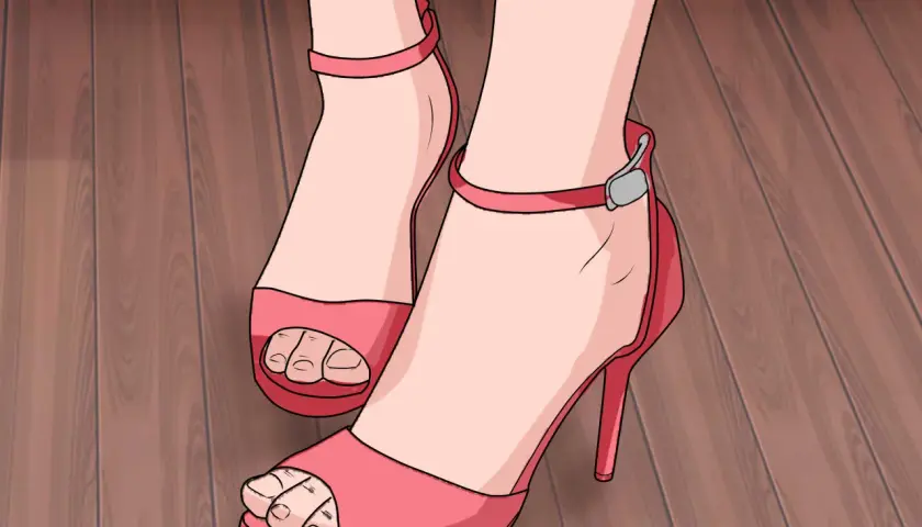 Pies con sandalias rojas y tacones de 10 cm son altos, listos para caminar con estilo sobre el suelo de madera.