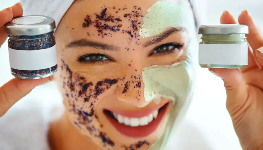 Una mujer sonríe con una mascarilla verde y un exfoliante de café y azul en su rostro.