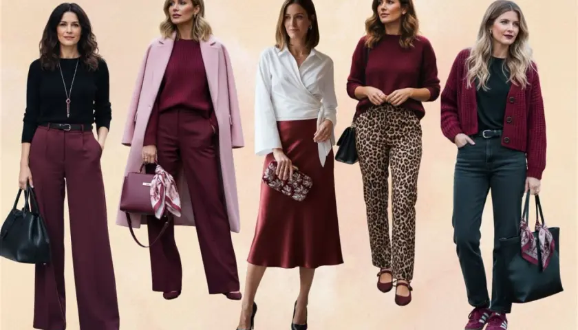 Cinco mujeres lucen atuendos elegantes en tonos burdeos, desde pantalones anchos hasta faldas satinadas y cárdigans.