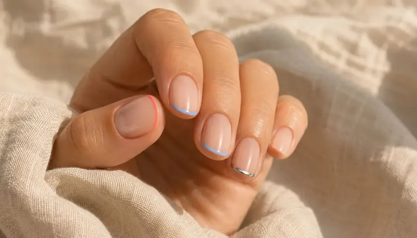 Manos con manicura francesa moderna: uñas cortas con base nude y puntas en coral, azul claro y plateado.
