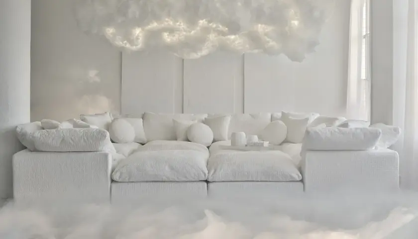 Sofá blanco etéreo con cojines mullidos, suspendido entre nubes luminosas. Un sueño de **pantone 2026** hecho realidad.