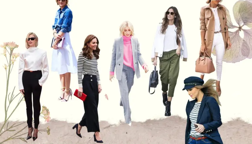 Mujeres con estilos variados, mostrando cómo lograr colores que combinen en atuendos elegantes y casuales, desde trajes de chaqueta hasta looks con gabardina.