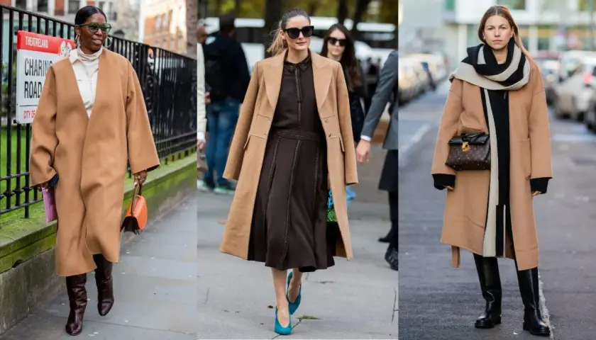 Tres mujeres lucen abrigos camel. Una combina botines camel mujer con un look elegante.
