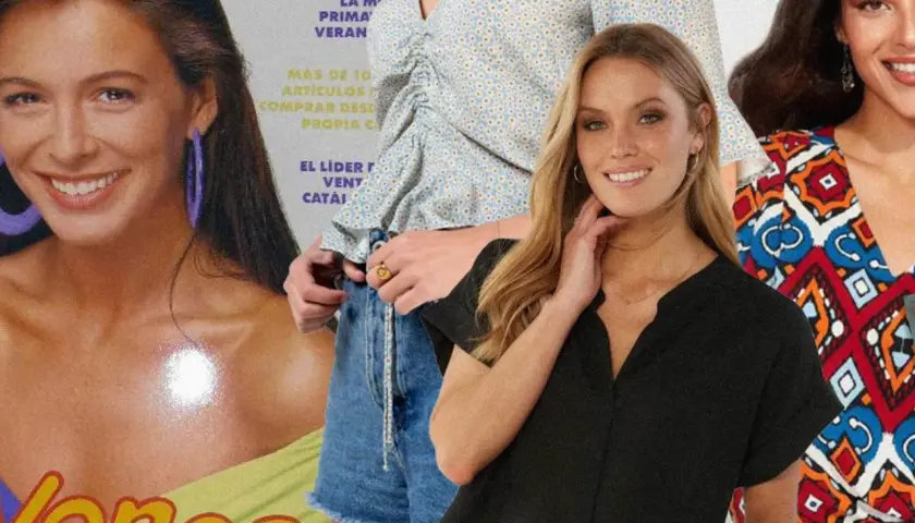 Modelos sonríen en un collage con el logo de Venca. Una mujer con pendientes morados, otra con blusa floral y vaqueros, y una tercera con top negro y estampado colorido.