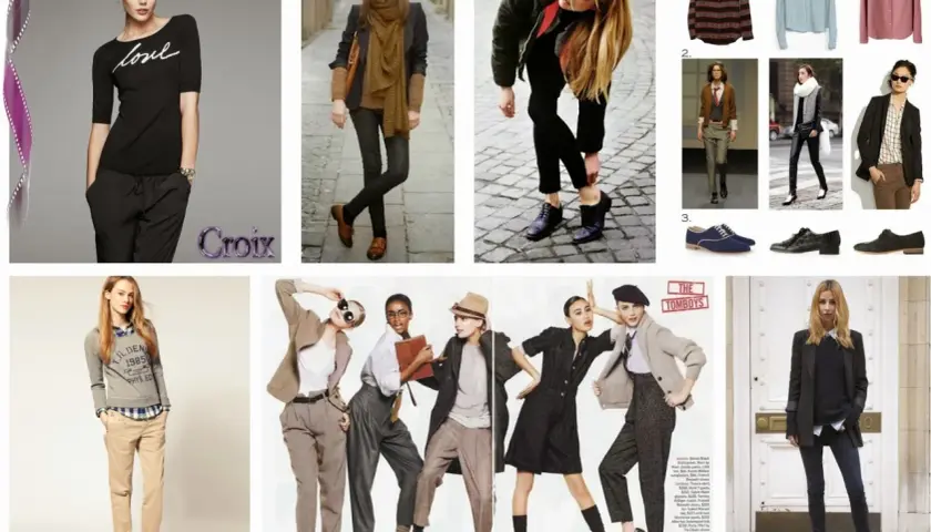 Estilos tomboys: mujeres con trajes de chaqueta, pantalones anchos y camisas, inspirados en la moda masculina.