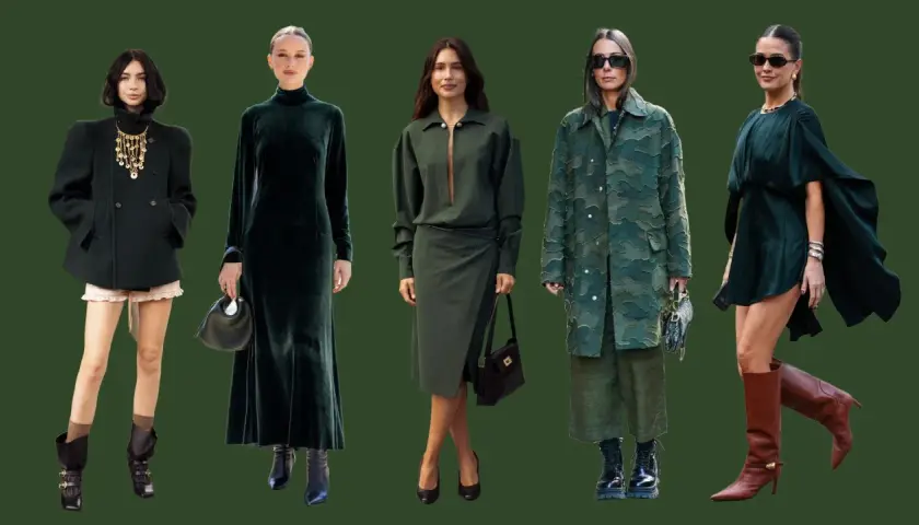 Cinco mujeres lucen atuendos en tonos de el verde, desde vestidos de terciopelo hasta abrigos texturizados y minivestidos elegantes.