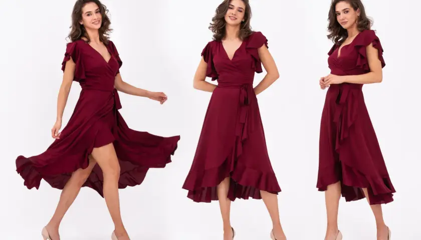 Tres vistas de una mujer con vestido burdeos y zapatos nude. Aprende cómo combinar vestido burdeos con zapatos para un look elegante.