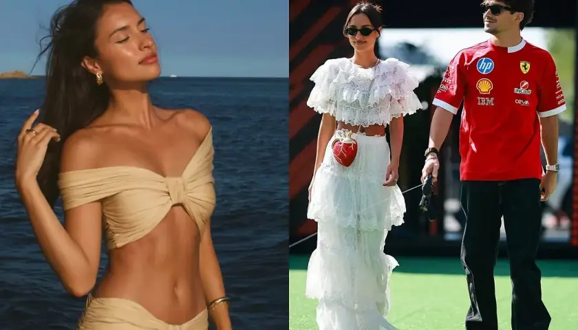 Alexandra Saint Mleux en bikini junto al mar y con un vestido blanco de encaje, junto a Charles Leclerc.