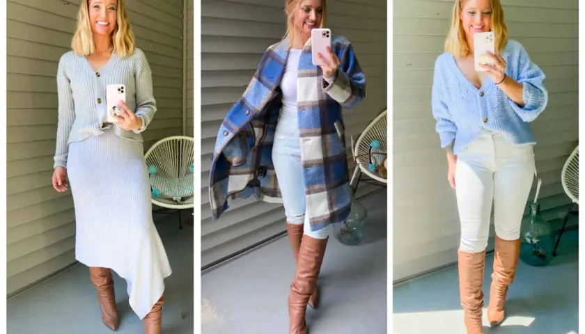 Tres looks de mujer con botas beige: con falda gris, abrigo de cuadros y jeans blancos.