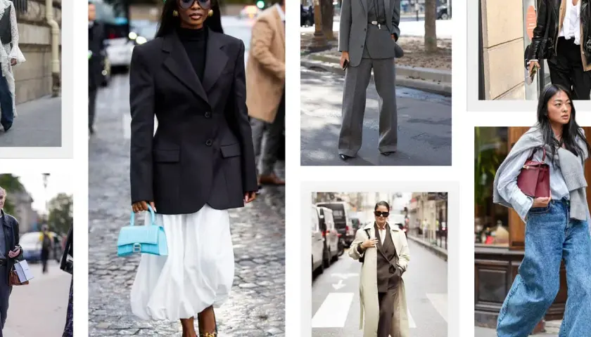 Estilos de moda con **layering**: trajes grises, blazers negros con faldas blancas, abrigos largos y chaquetas de cuero.