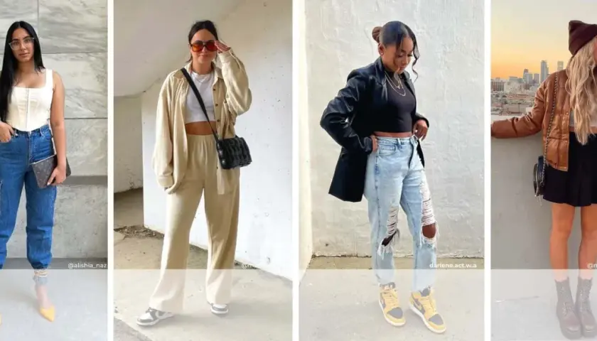 Cuatro looks de moda, uno con estilo cutecore, combinando prendas casuales y chic para un look urbano.