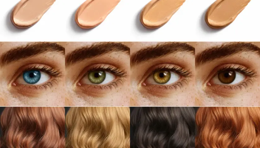 Muestras de bases de maquillaje, ojos de distintos colores y cabellos. Ideal para la **colorimetria primavera**.