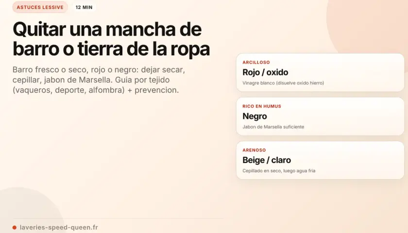 Guía para quitar manchas de barro o tierra de la ropa. Incluye consejos para barro rojo/óxido, negro y beige/claro, con métodos como cepillar y usar jabón de Marsella.