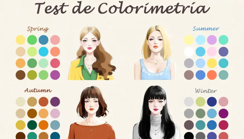 Test de colorimetría: cuatro estilos de mujer (Primavera, Verano, Otoño, Invierno) con paletas de colores asociadas. La mujer de verano luce un vestido azul claro.