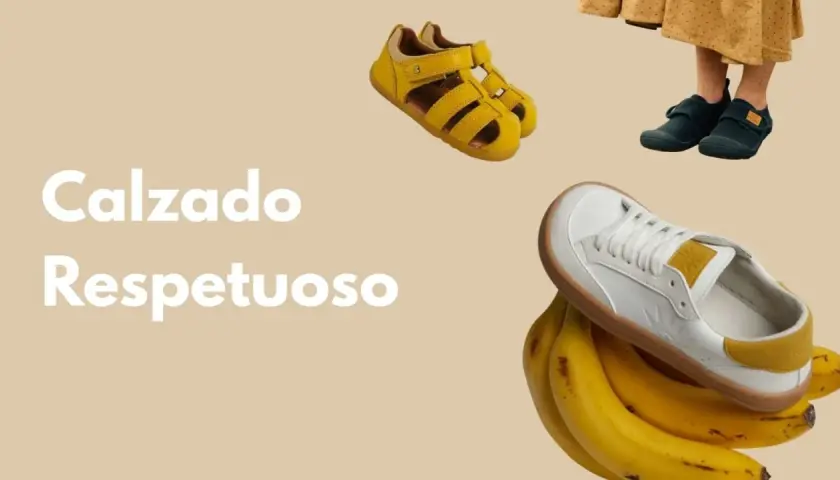 Calzado respetuoso que es cómodo y natural, como un paseo por el campo. Sandalias amarillas, zapatillas oscuras y deportivas blancas sobre plátanos.