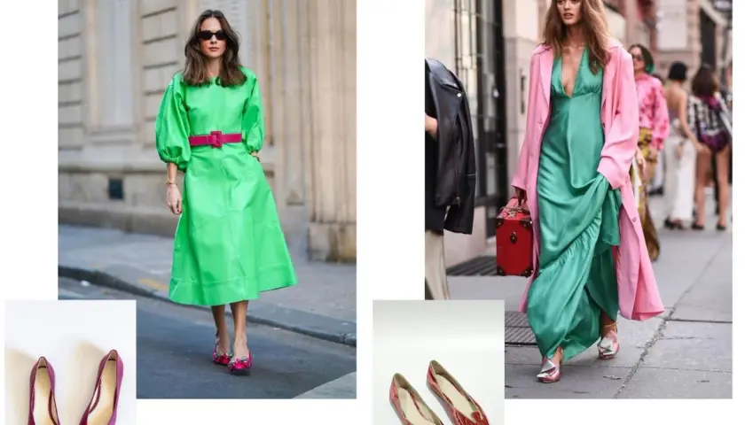Combinaciones complementos para vestido verde: zapatos fucsia y morados, bolso rojo y abrigo rosa.