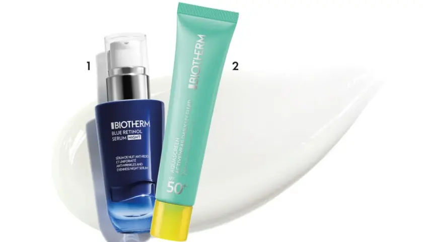 Rutina de noche: serum azul retinol Biotherm y protector solar SPF 50. Descubre cómo aplicar retinol para una piel radiante.