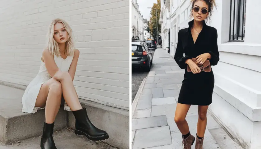 Mujer con vestido blanco y botines negros, y otra con vestido negro y botines marrones.