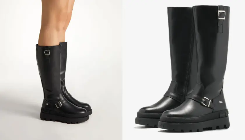 Botas altas negras con hebillas y suela gruesa, vistas de frente y de perfil.