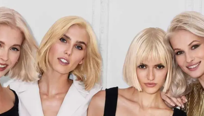 Cuatro mujeres rubias con diferentes estilos de cabello, incluyendo un corte choppy bob moderno y elegante.