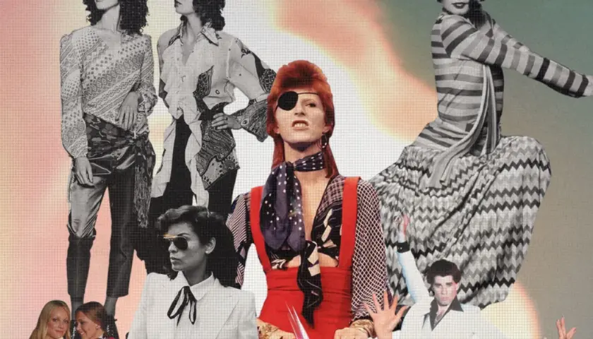 Estilo de los años 70: collage de moda con David Bowie, John Travolta y modelos con atuendos icónicos de la época.