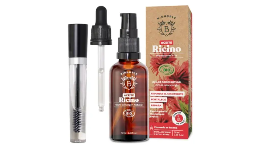 Kit para el cuidado del cabello: aceite de ricino para el pelo en frasco de vidrio con gotero y cepillo aplicador.