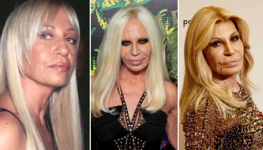 Donatella Versace joven y en diferentes etapas de su vida, mostrando su icónica melena rubia y su evolución de estilo.